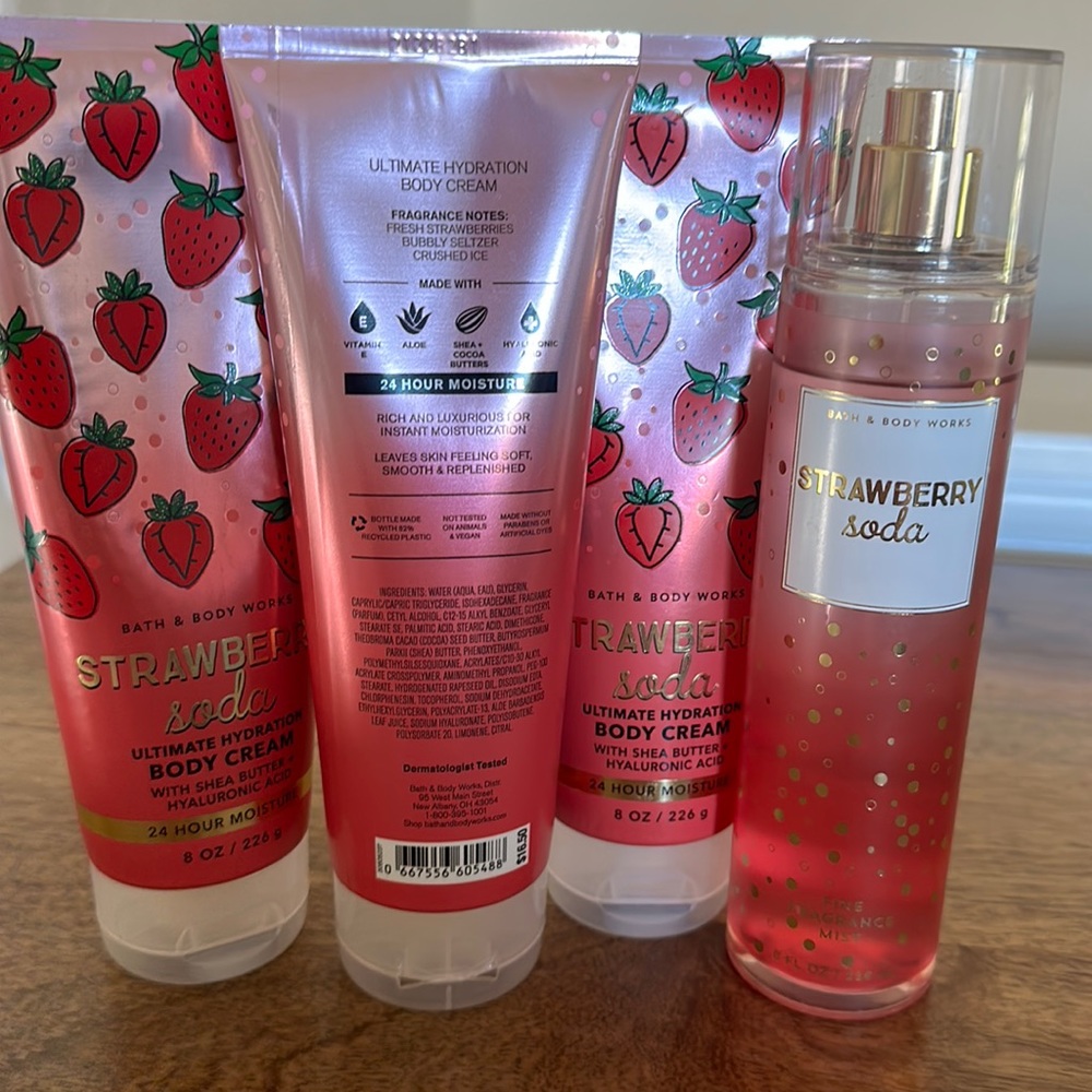 Bath and body strawberry soda scent body spray and body cream